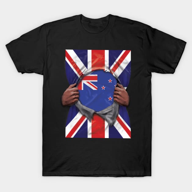 New Zealand Flag Great Britain Flag Ripped - Gift for New Zealander From New Zealand T-Shirt by Country Flags